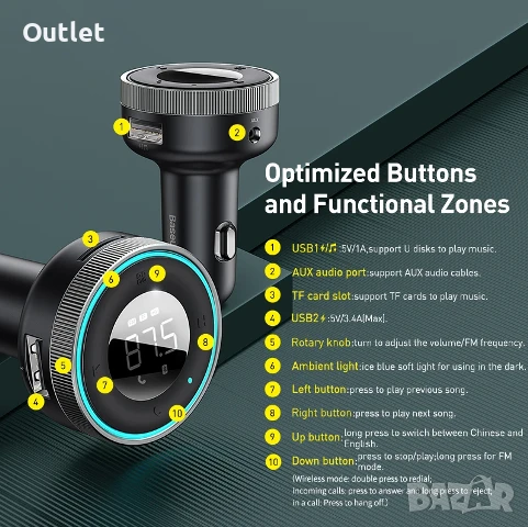 Bauseus CCLH-01 Bluetooth FM Transmitter/USB Charger, снимка 2 - Аксесоари и консумативи - 50746380