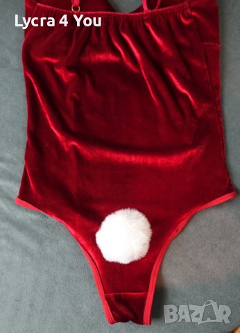 S секси червено кадифено боди с бяла пухкава заешка опашка, снимка 6 - Бельо - 42146519