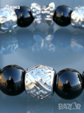 Дамска Гривна от 10 мм Натурален Черен Турмалин и Неръждаема Стомана, Ръчна изработка Стреч, снимка 6 - Гривни - 30906199