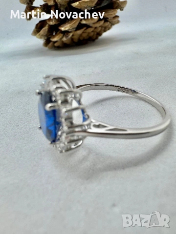 Сребърен пръстен със синтетичен сапфир , снимка 6 - Пръстени - 53331648