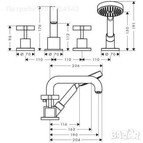 Смесител за вана Axor, снимка 6 - Душ кабини и вани - 55999465