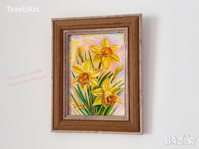 Оригинална картина – нарциси – акварел – идея за подарък, снимка 4 - Картини - 53889148