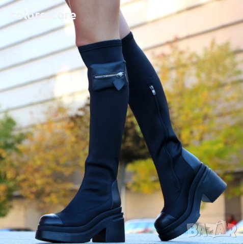 Ботуши на ток - черен стреч и кожа - BD100