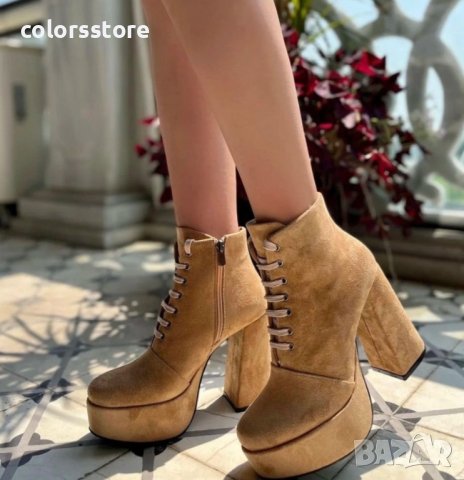 Боти на ток - бежов велур (бежови връзки) - NK9