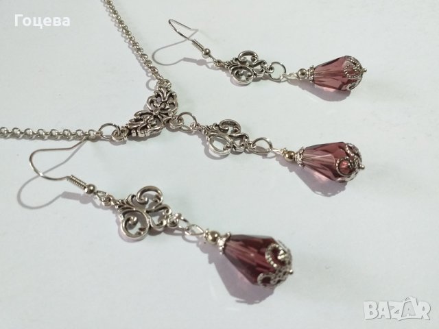 Прелестен комплект бижута с кристали в цвят бургунди и изящна орнаментирана основа в цвят Сребро , снимка 6 - Бижутерийни комплекти - 34466633