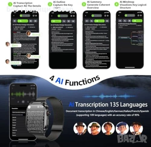 Нов Смарт часовник с AI обобщение диктофон 80+ спортни режима транскрипция, снимка 3 - Смарт гривни - 54279697