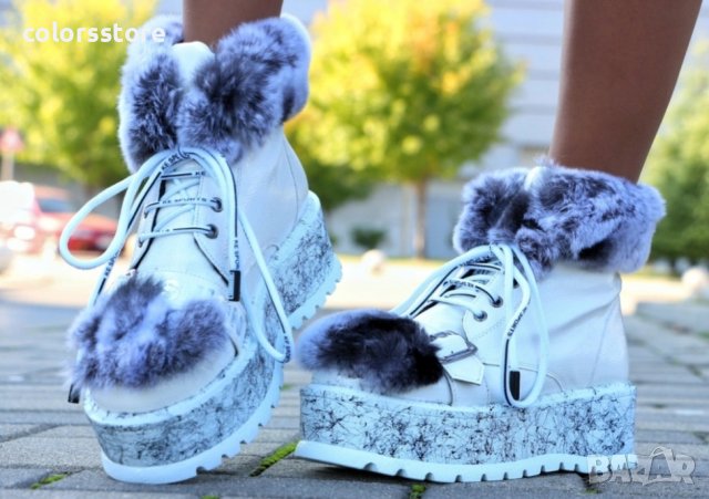 Боти на платформа - бели с ЕСТЕСТВЕН пух - PUH, снимка 2 - Дамски боти - 37731884