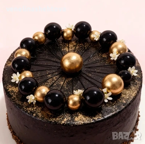 24 броя черни златисти топчета топки на тел от стиропор за декорация на торта , снимка 2 - Други - 52832334