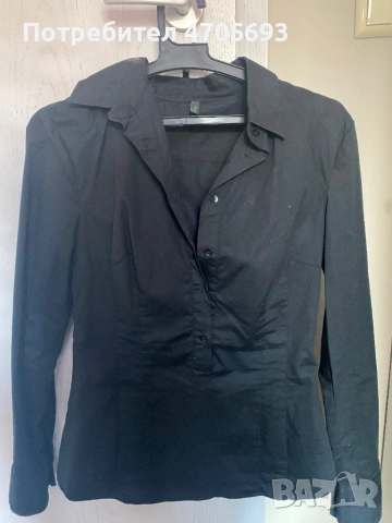 Черна памучна риза Beneton, снимка 4 - Ризи - 53062258