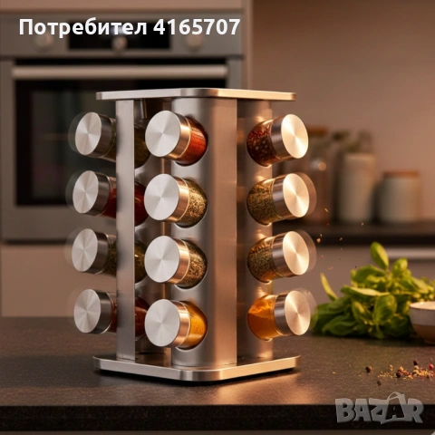 Въртящ се органайзер за подправки Cheffinger - С 16 бурканчета от неръждаема стомана, снимка 4 - Аксесоари за кухня - 53149814