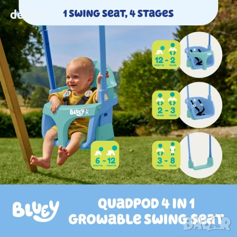 Bluey Quadpod 4-в-1 люлка с регулируеми въжета и предпазен колан, от 6 месеца до 8 години, снимка 2 - Други стоки за дома - 54328001