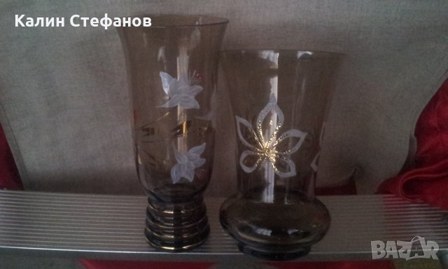 Две вазички кафяво стъкло прозрачно с украса, снимка 3 - Вази - 30053160