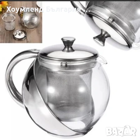 Стъклен чайник със стоманена платфорна и цедка 1.1L, снимка 5 - Аксесоари за кухня - 54344669