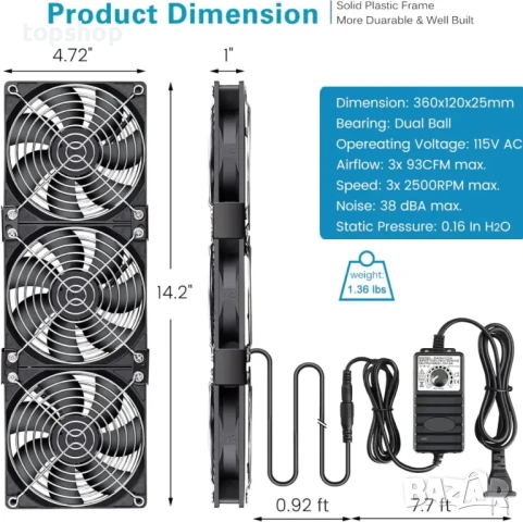 БЕЗЧЕТКОВА охлаждаща станция GDSTIME с 3 x 120 мм вентилатора DC 12V с AC 110V - 240V + контролер..., снимка 6 - Други - 50575600