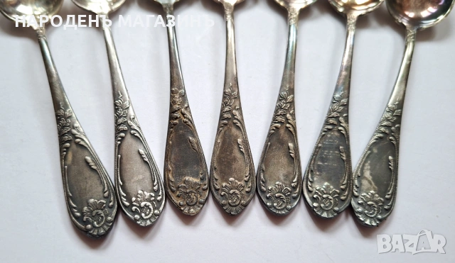 СССР - Сервиз руски посребрени лъжички чай кафе 7 броя мелхиор сребро Луксозни , снимка 6 - Други ценни предмети - 53964601