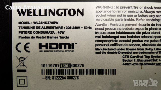 WELLINGTON WL24HD279SW със счупена матрица , 17MB110S , 17IPS61-5 , 17WFM07 , ETI 17ELB24NER5, снимка 3 - Части и Платки - 30355337