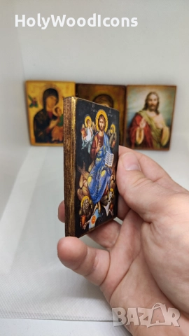Икона Христос Пантократор с евангелистите – дървена икона с магнит 8x6см, снимка 5 - Икони - 52867194