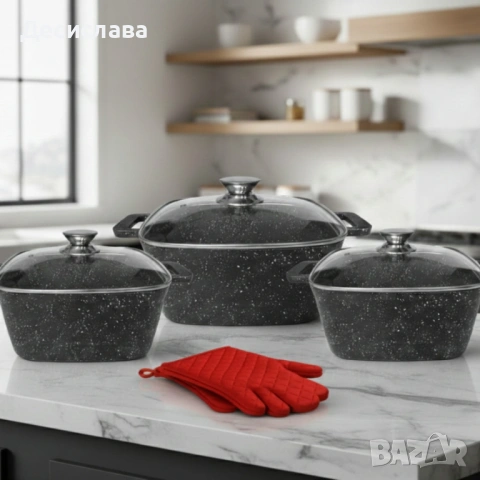 Комплект тенджери – Cheffinger от 3 части с мраморно покритие и капаци + подарък 2 ръкавици, снимка 2 - Съдове за готвене - 53136207