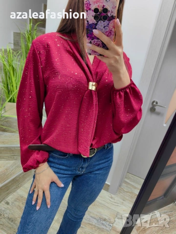 Блуза с бляскави частички в червено, снимка 4 - Блузи с дълъг ръкав и пуловери - 53220537