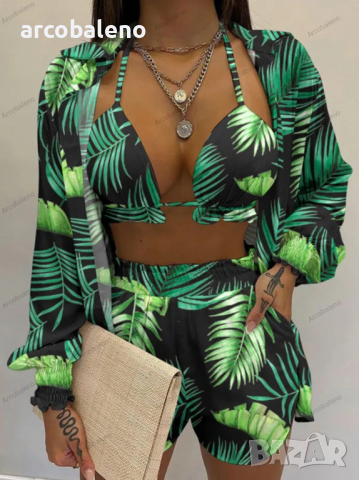 Секси щампована риза с дълги ръкави и шорти от три части, 6цвята , снимка 3 - Комплекти - 44575861