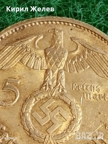 Сребърна монета 5 райхсмарки 1938г. Германия Трети Райх с Свастика за КОЛЕКЦИОНЕРИ 54381, снимка 3 - Нумизматика и бонистика - 53960708