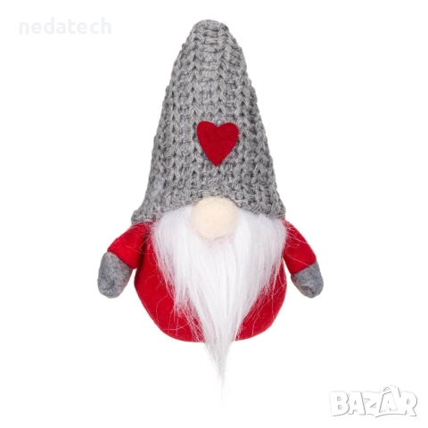 Гном с плетена шапка, 15 см, сив/червен