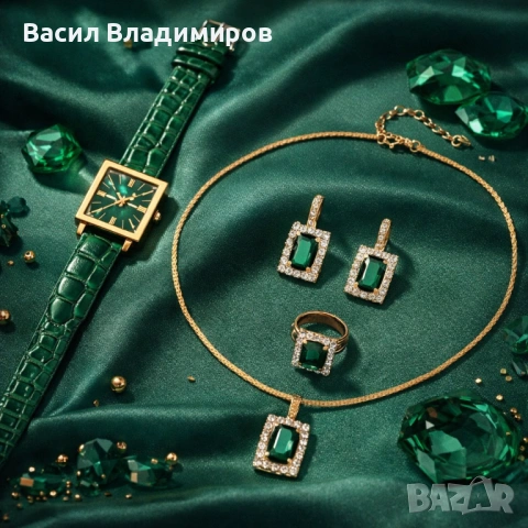 Елегантен комплект часовник и бижута с зелени кристали и златист корпус