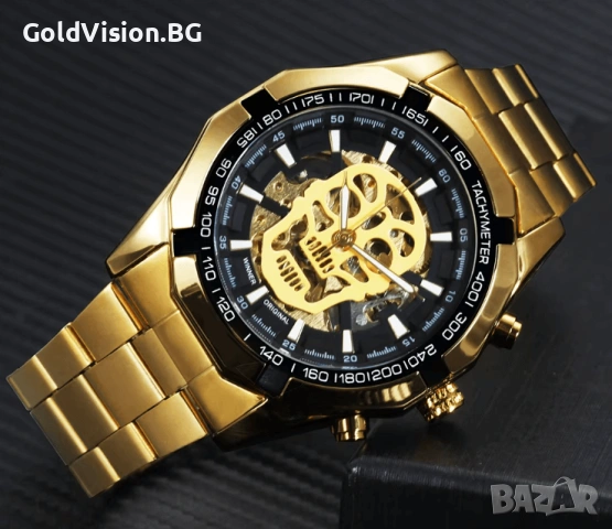 Автоматичен мъжки часовник Winner Skull GOLD, снимка 2 - Мъжки - 54248064