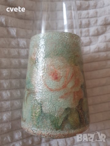  Стъклена ваза винтидж стил, ръчно декорирана с декупаж