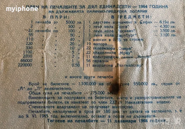 Стар Билет на Държавната Лотария 1964г., снимка 2 - Нумизматика и бонистика - 49296454