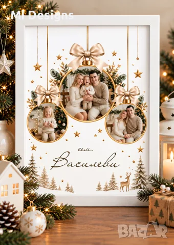 🎄 Персонализирана семейна коледна картина с 3 снимки
