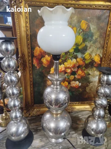 Месингов посребрен комплект лампа със свещници стил Арт Деко. Испанска ръчна изработка. Запазен е ет, снимка 2 - Настолни лампи - 48080875
