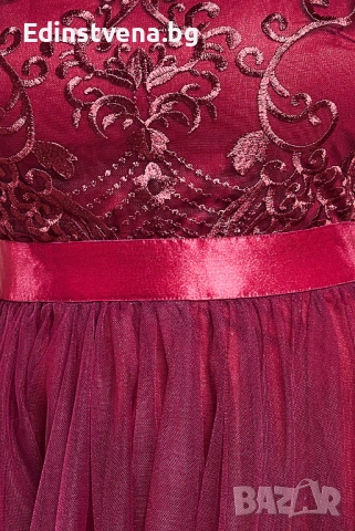 Дамска дълга рокля в цвят бордо от тюл с бродирана горна част и сатенен колан, снимка 4 - Рокли - 52392066