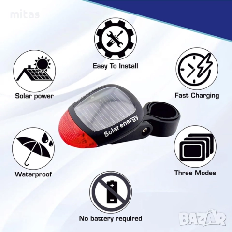 Задна LED стоп светлина за велосипед колело, Соларно захранване, снимка 10 - Аксесоари за велосипеди - 52040073