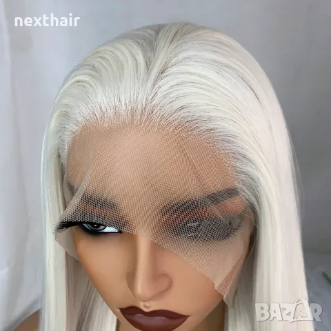 Платинено руса Lace Front перука - дълга права коса 80 см, термоустойчива, дантела 13×4, снимка 7 - Аксесоари за коса - 55949918