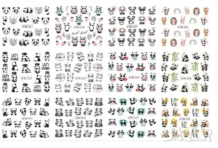 лист 12 в 1 вида панда панди слайдер татос ваденки водни стикери за нокти маникюр, снимка 3 - Продукти за маникюр - 47390308