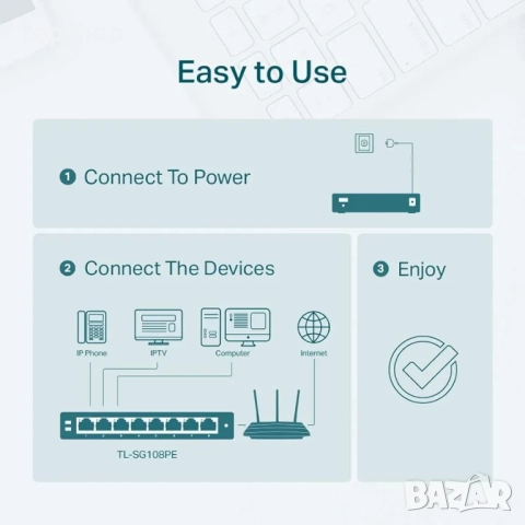 Чисто нов 8 портов пое суич Switch (Комутатор) TP-Link TL-SG108PE PoE TL-SG108PE  Комутатор ..., снимка 7 - Суичове - 51787900