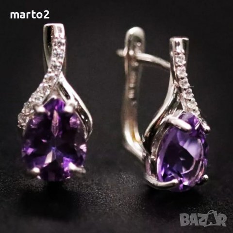 Елегантни Сребърни Обеци 925 с Натурален лилав Аметист (Amethyst) и странични камъни Циркони