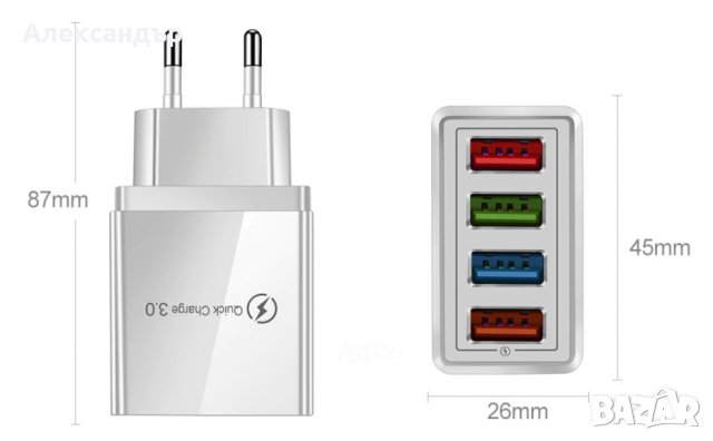 Бързо USB зарядно за телефон 3 А QC 3.0 и 4 USB изхода , снимка 4 - Оригинални зарядни - 31009379