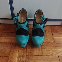 Тюркоазени велурени обувки на ток и платформа, снимка 2 - Дамски обувки на ток - 29693145