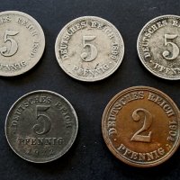 Монети. Германия.Много стари райх монети. 2 и 5 пфенига. 1890, 1899,1904, 1914,1922 година, снимка 2 - Нумизматика и бонистика - 37115297