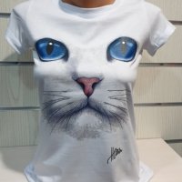Страхотна нова дамска бяла тениска с 3D принт Котка със сини очи, снимка 14 - Тениски - 29126635