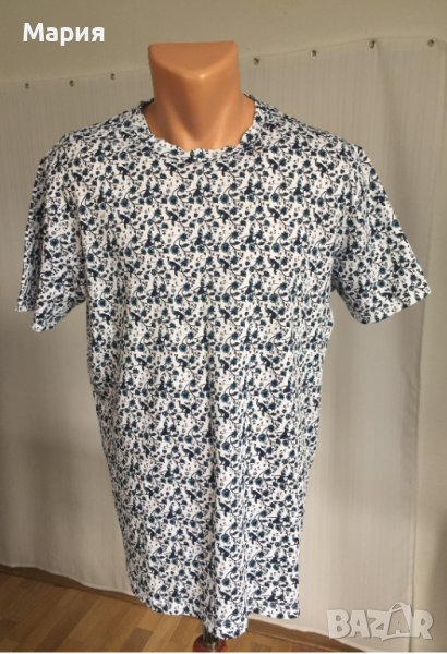 Чисто Нова М размер Мъжка Блуза с къс ръкав VRS Еластичен Памук Бяла Синя Цветя Пауни Шарена Ефектна, снимка 1