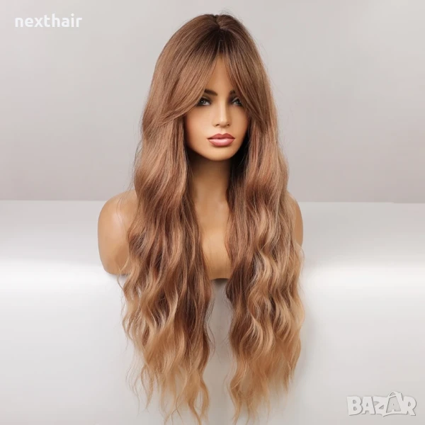 Медено руса чуплива перука с тъмни корени и дълъг бретон, снимка 1