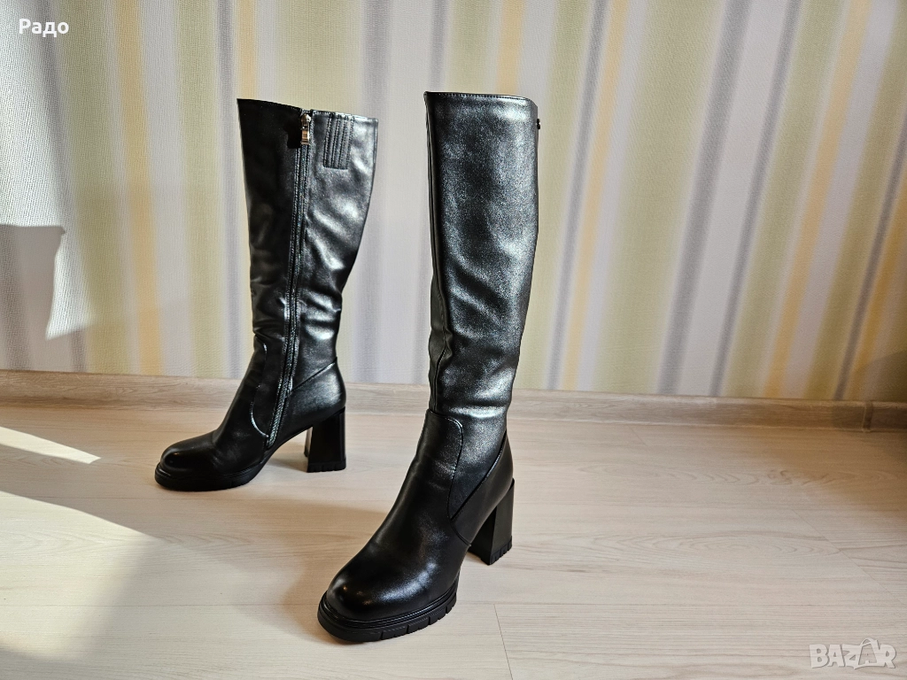 Нови дамски елегантни ботуши STILLO от естествена кожа зимни с вата на висок и дебел ток обувки № 38, снимка 1