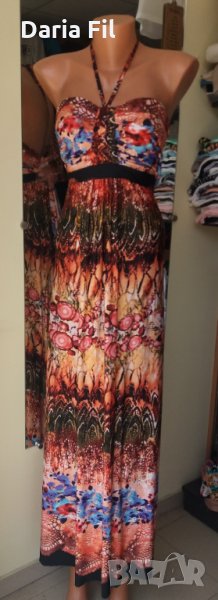 Пъстра дълга рокля с бюстие и тънка презрамка  - размер 3ХЛ/4ХЛ , снимка 1