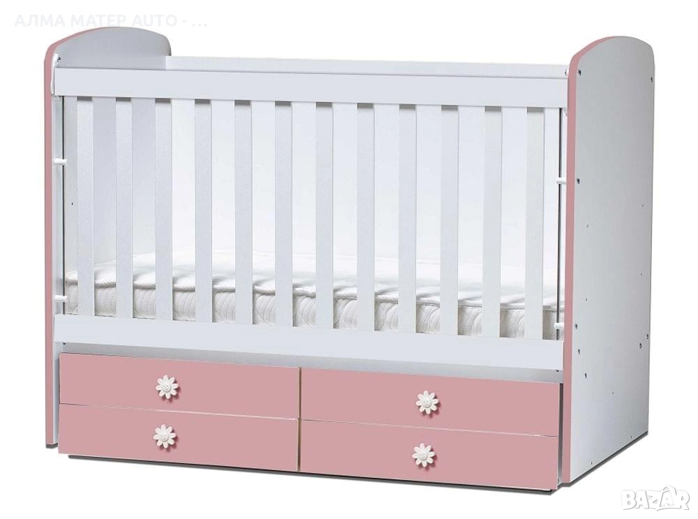 Детско/бебешко легло люлка Диана с 4 чекмеджета Бяло-Розово 120х60, снимка 1