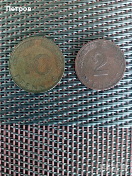 Продавам лот стари монети Ф.Р.Германия фенинг 2 и 10-1981,94 години.Цената е за двете., снимка 1