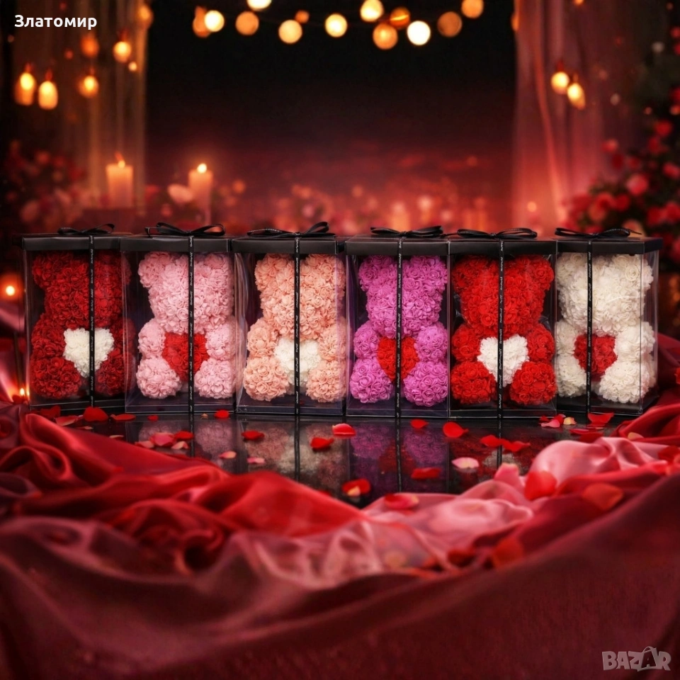 Мече от рози, 25см с подаръчна кутия в 3 цвята, снимка 1