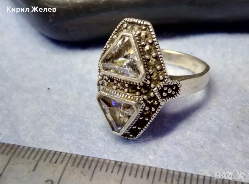 ШАРМАНТЕН СКЪПОЦЕНЕН СРЕБЪРЕН ПРЪСТЕН СРЕБРО 925 с БЯЛА ПОЗЛАТА ЛАБОРАТОРЕН МОЙСАНИТ МАРКАЗИТИ 48743, снимка 1